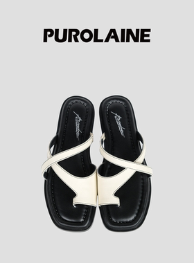 PUROLAINE 朴羚·线迹真皮缝线质感经典外穿百搭几何交叉带拖鞋