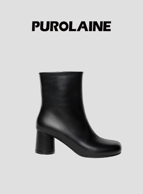PUROLAINE·Rondo圆头气质利落极简黑色粗跟拉链高跟短靴