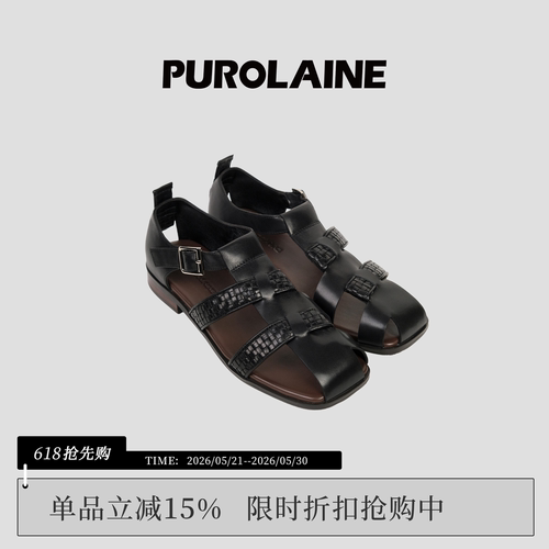 PUROLAINE 朴羚·那不勒斯油蜡牛皮手工编织镂空平底罗马渔夫凉鞋