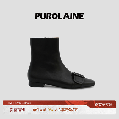 PUROLAINE朴羚「梅格」经典优雅知性柔软真皮手工扣带瘦腿短靴