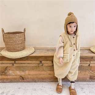 行走的时尚~儿童韩版羊羔毛加绒加厚连体裤秋冬款男女童背带裤潮