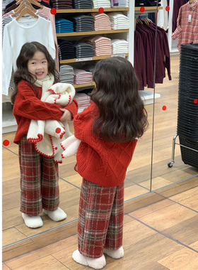 儿童红色圣诞新年款毛衣冬款韩版男女童毛呢加绒格子裤宝宝童装潮