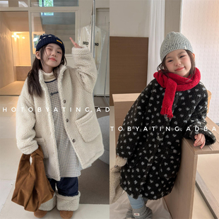 儿童韩版羊羔绒棉衣冬款加厚男女童中长裤保暖风衣宝宝宽松棉服潮