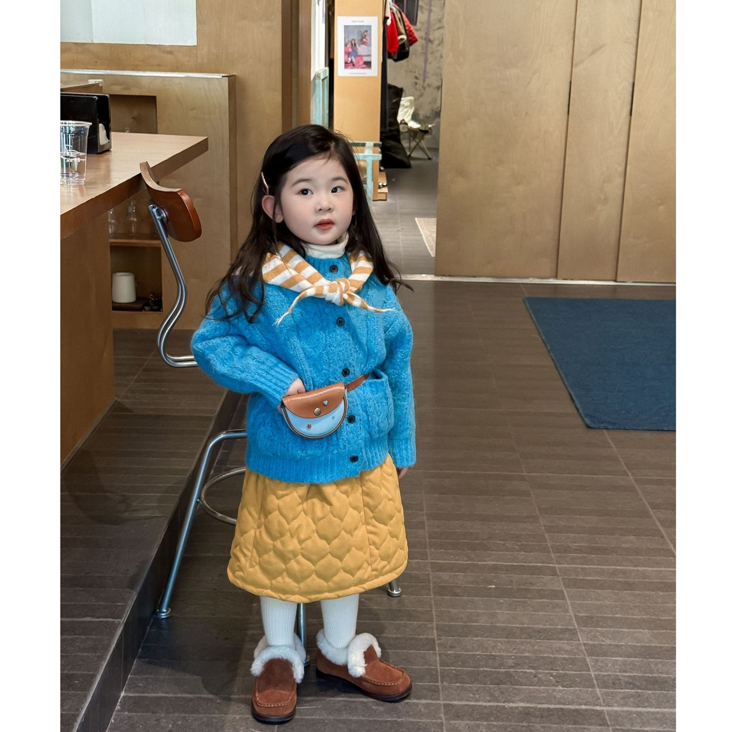 女童粗毛线毛衣针织开衫韩版冬装儿童毛衣外套宝宝黄色夹棉半身裙