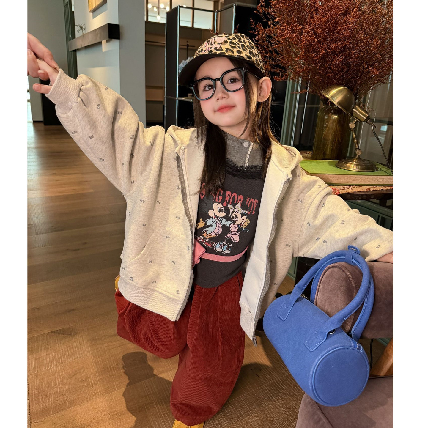 儿童可爱蝴蝶结印花连帽外套春秋款韩版女童开衫上衣宝宝宽松裤子