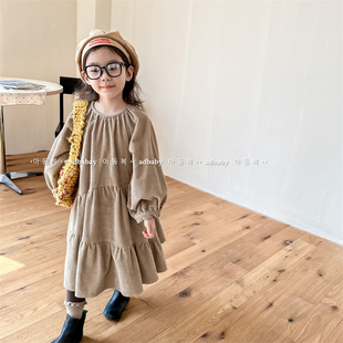 女童韩版灯芯绒长袖裙子连衣裙秋冬款儿童宝宝宽松百搭长款童裙潮