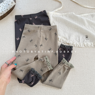 长裤 宝宝童裤 韩版 女童花边弹力小脚裤 春秋款 儿童蝴蝶结印花打底裤
