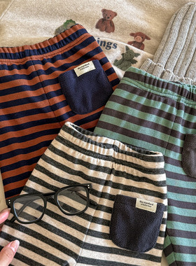儿童加绒条纹打底裤长裤冬款韩版男女童弹力保暖裤宝宝紧身休闲裤