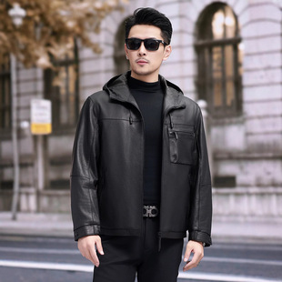 今年流行特惠秋冬新款 海宁真皮皮衣男连帽植鞣绵羊皮夹克男短款