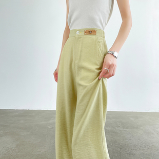 九分浅黄色亚麻休闲阔腿裤女夏季薄款高腰宽松八分小个子直筒裤子