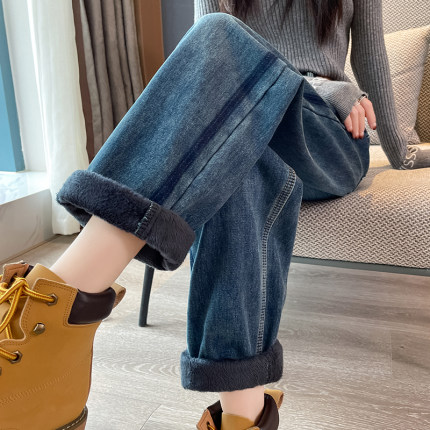 加绒牛仔裤女直筒宽松大码2025秋冬新款高腰小个子加厚阔腿老爹裤