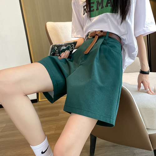 绿色西装短裤女夏季薄款高腰