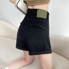 黑色美式牛仔短裤女夏季薄款高腰显瘦卷边阔腿宽松小个子a字热裤