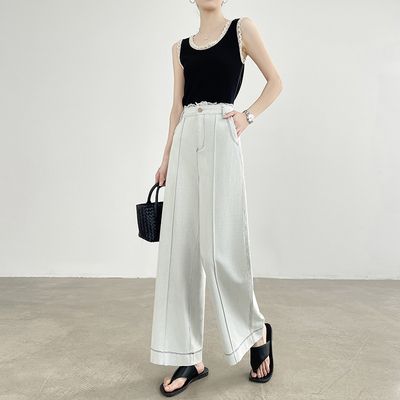 蕾丝花边月光灰天丝棉牛仔裤女