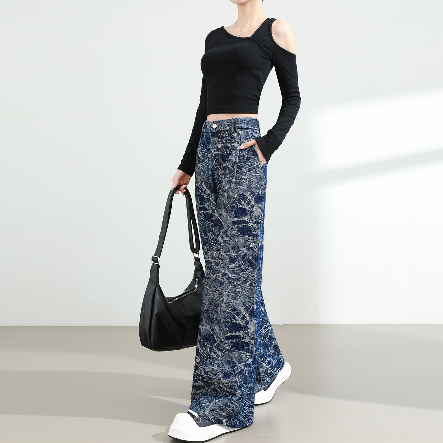 复古扎染印花牛仔阔腿裤女