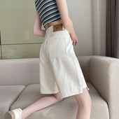 女夏季 薄款 高腰宽松显瘦直筒阔腿中裤 港味白色五分牛仔短裤 5分裤