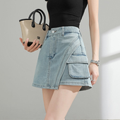 裙女夏季 短裤 薄款 复古口袋牛仔裤 高腰大码 A字工装 包臀裙直筒热裤