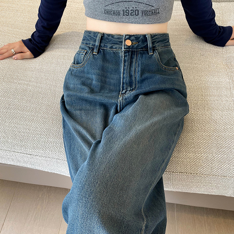 美式复古加绒牛仔裤女春秋季显瘦宽松直筒阔腿做旧休闲拖地长裤子