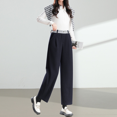 醋酸羊毛毛呢阔腿直筒裤女