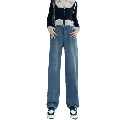 复古蓝阔腿加绒牛仔裤女