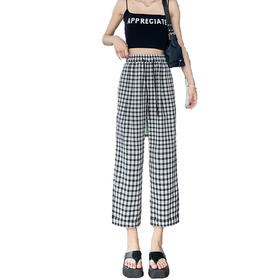 八分复古直筒黑白格子裤女