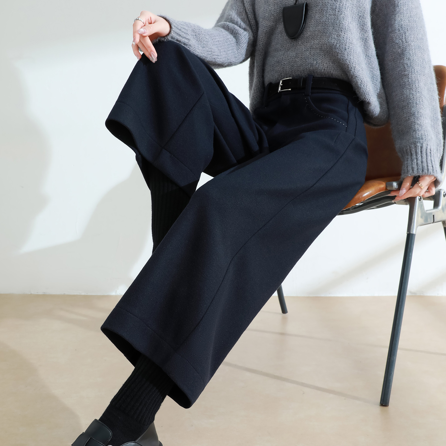 高腰宽松显瘦八分毛呢直筒裤女