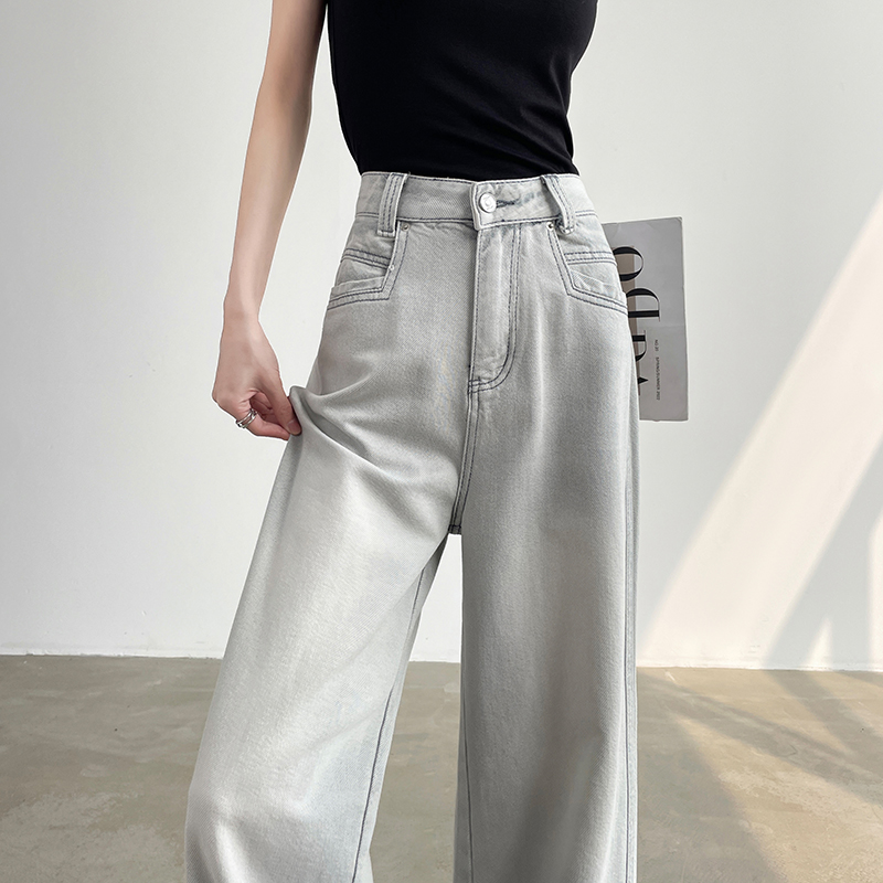 灰白色天丝阔腿牛仔裤女春秋