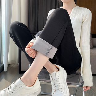 裤 九分窄版 加绒高腰显瘦休闲小个子小脚烟管西装 女冬季 黑色直筒裤