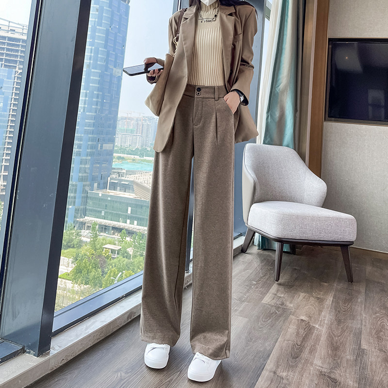 毛呢阔腿裤女秋冬加绒加厚垂感新款卡其色休闲裤子宽松高腰直筒裤,女装/女士精品,休闲裤,淘宝优惠券,粉丝福利购,淘宝优惠卷