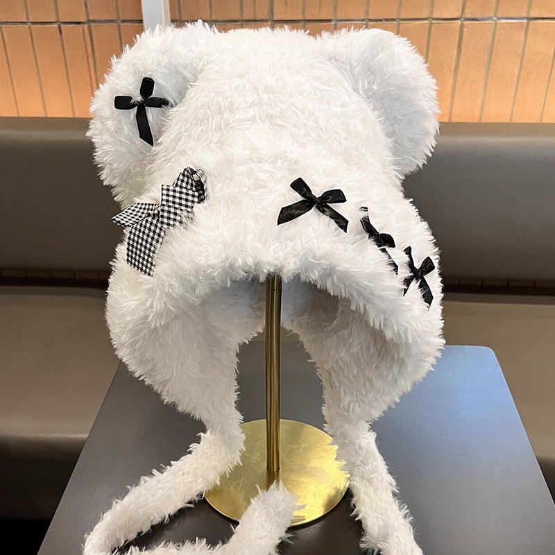 可爱小熊耳朵猫咪蝴蝶结毛绒帽女秋冬季保暖护耳雷锋帽显脸小帽子