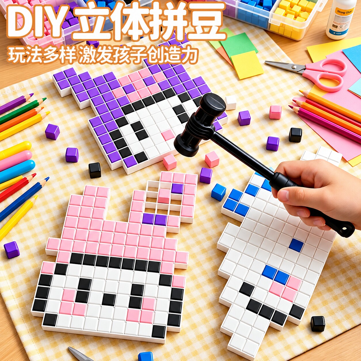 儿童敲豆豆拼豆手工diy敲敲乐拼装3d材料包全套免熨烫女孩子玩具
