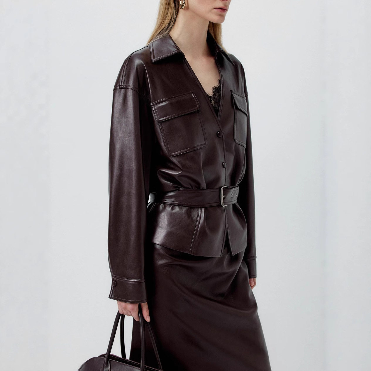 皮衣外套女高智穿搭复古气质PU皮夹克潮流御姐蕾丝拼接半身裙套装