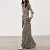 仿真丝上衣松紧腰褶休闲阔腿裤 草木影印长袖 套装 2026年春夏新款