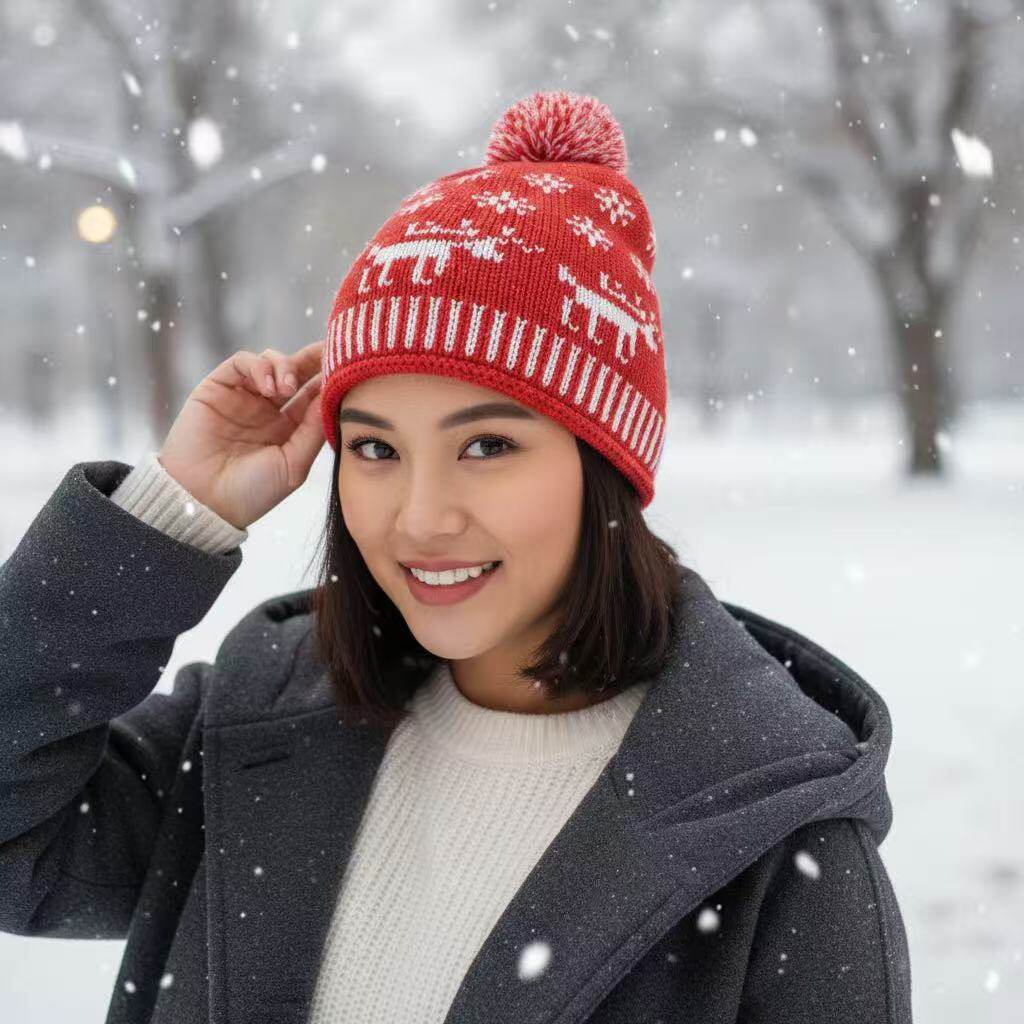 羊毛混纺圣诞梅花鹿雪花针织帽秋冬毛线帽子大球球帽子可爱卡通