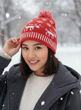 羊毛混纺圣诞梅花鹿雪花针织帽秋冬毛线帽子大球球帽子可爱卡通