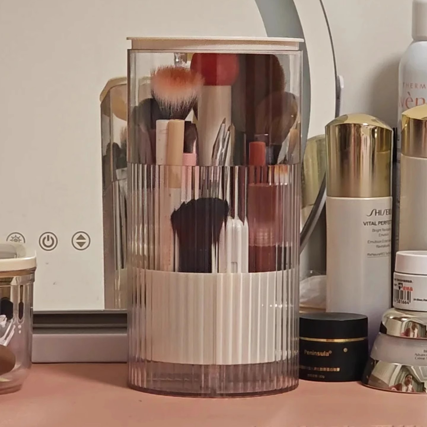 化妆刷不落灰！化妆刷收纳筒按压防尘高级感梳妆台粉刷自动升降