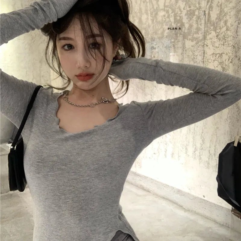 Spring and autumn wear ear edge design sense slim T-shirt tight temperament versatile bottom coat women's top fashion