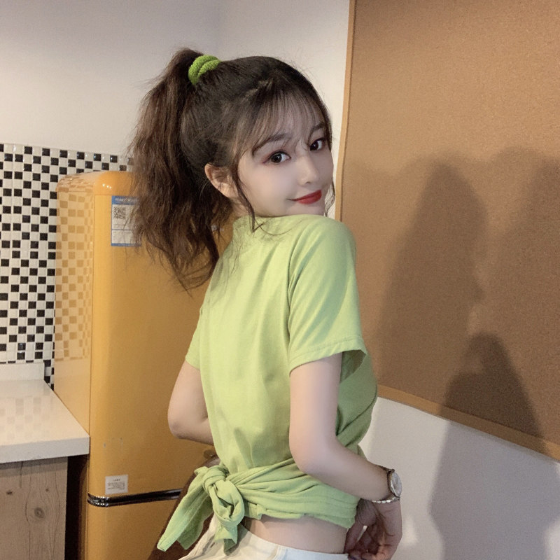 Korean new short sleeve T-shirt women's summer dew navel high waist bandage jacket