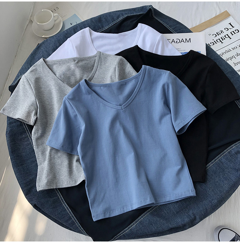 Ins European and American tight short sleeve V-neck solid color short t-shirt female Xia xianshou high waist navel top female