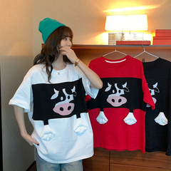 New style milk cow head three dimensional cloth short sleeve t-shirt female cow half sleeve T-shirt Korean versatile thin top