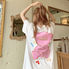 Embroidered lattice bear net red tide brand short sleeve T-shirt for female summer lovers