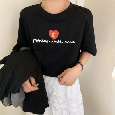 Spring and summer new short sleeve T-shirt women's loose and versatile love print black half sleeve top