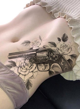 枪花破浪潮纹身贴速写唯美