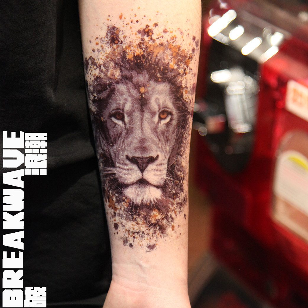 破浪潮纹身贴欧美写实狮子洒金ins风花腿花臂帅气个性潮酷朋克