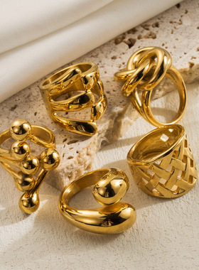 欧美风不锈钢夸张戒指高级感金色不规则设计感指环水滴扭结戒指女