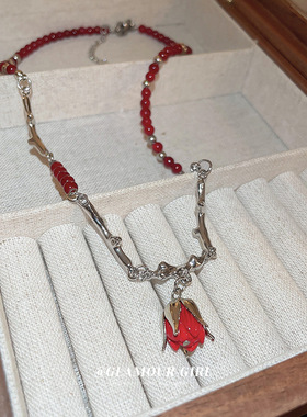 森系红色郁金香项链汉服花朵颈链