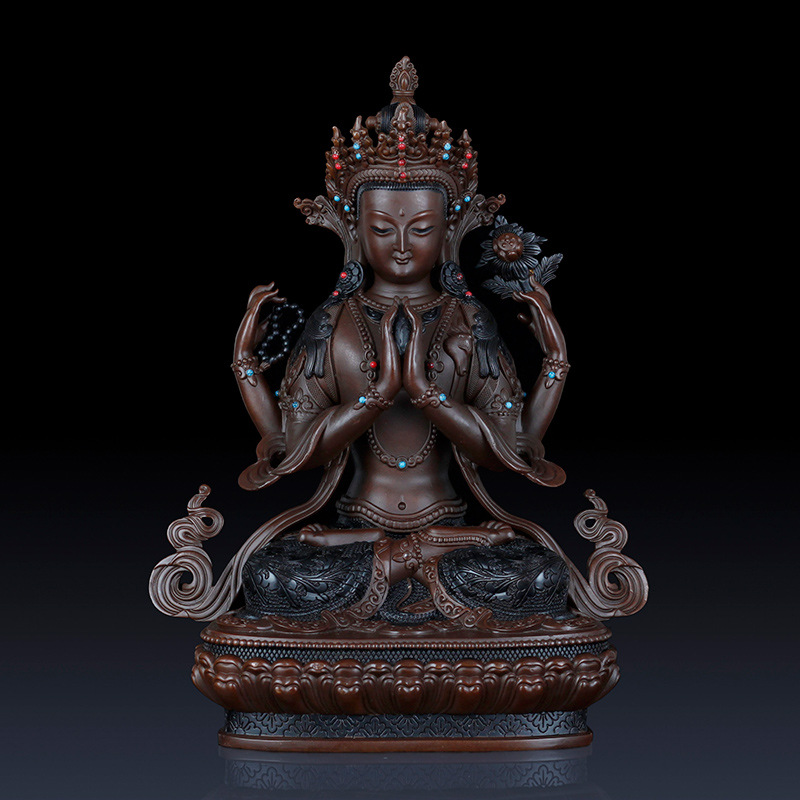 黄铜四臂观音菩萨佛像摆件密宗铜藏传观音客厅居家供佛工艺品
