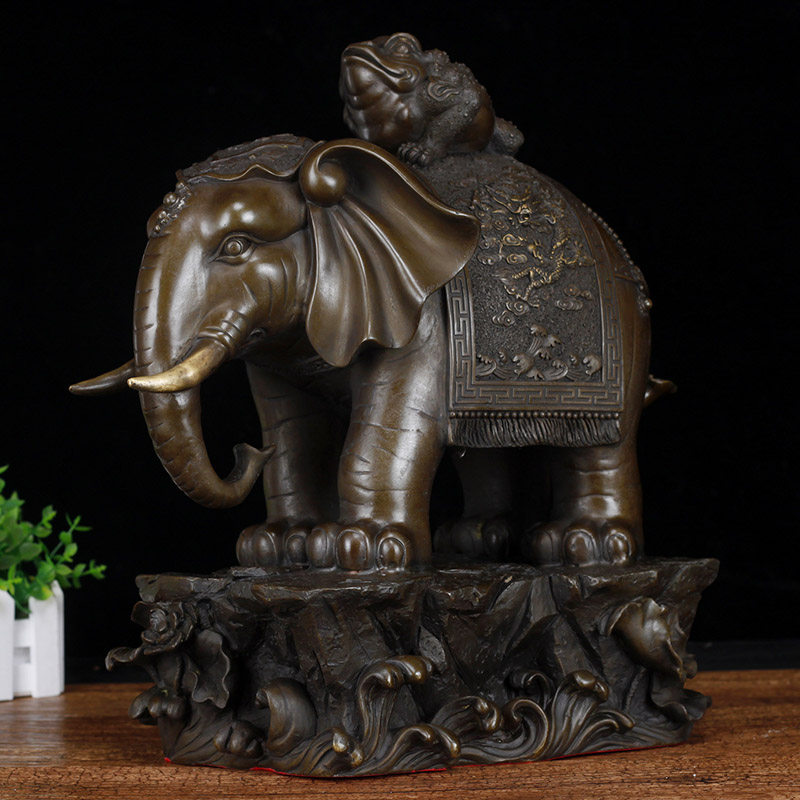 铜大象摆件铜象上金蟾蜍大号铜象工艺品家居客厅客厅办公室饰品