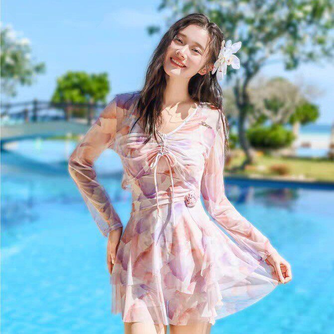 颖熙梦60197成人泳衣女连体平角裙式吊带甜美海边度假套装
