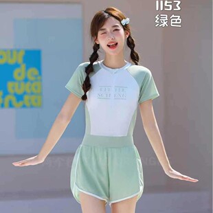 两个橙1153女童泳衣中童学生连体短裤新款夏季玩水保守游泳衣套装